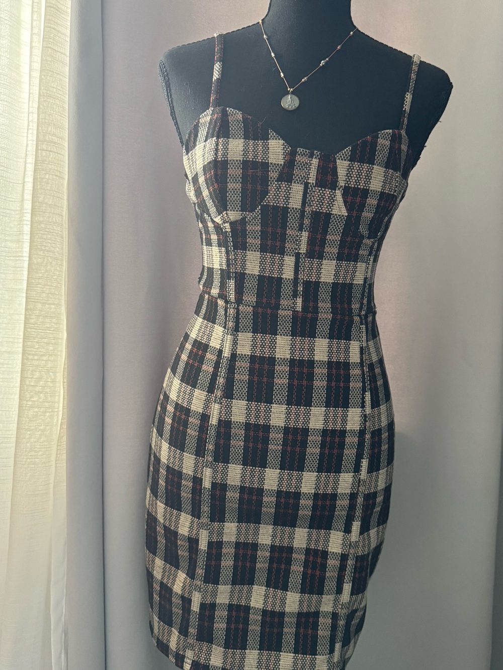 Gianni Bini Black, Cream & Brown Plaid Spaghetti-Strap Midi Dress